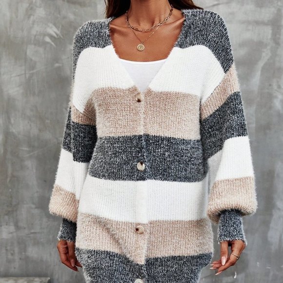 Multicolor Preppy Womens Color Block Drop Shoulder Button Front Cardigan - Picture 5 of 5